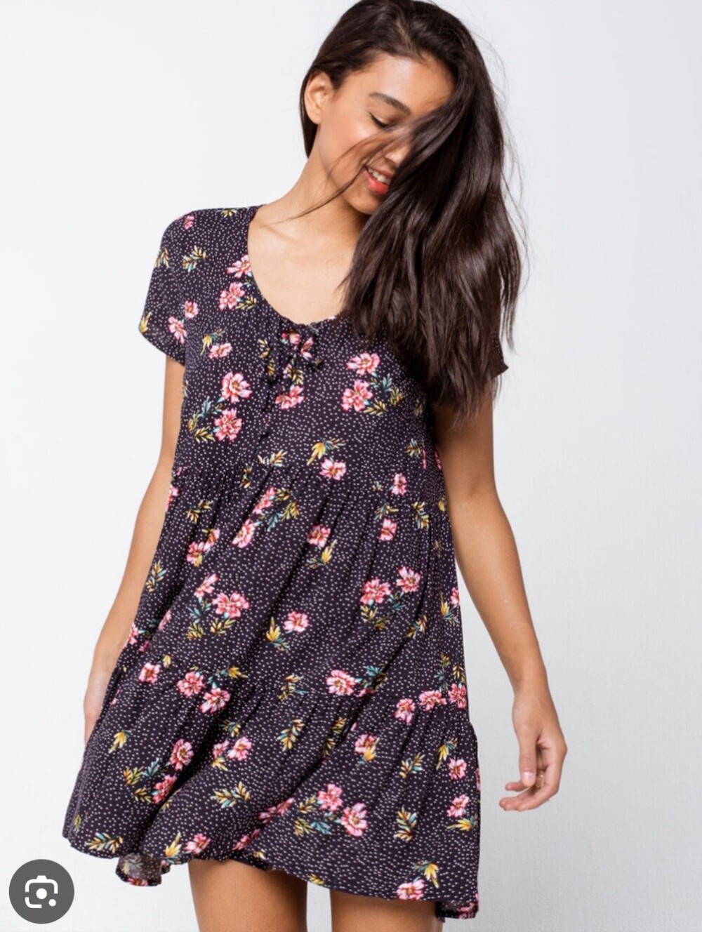 Others Black Floral Mini Dress with Pink & Yellow Accents